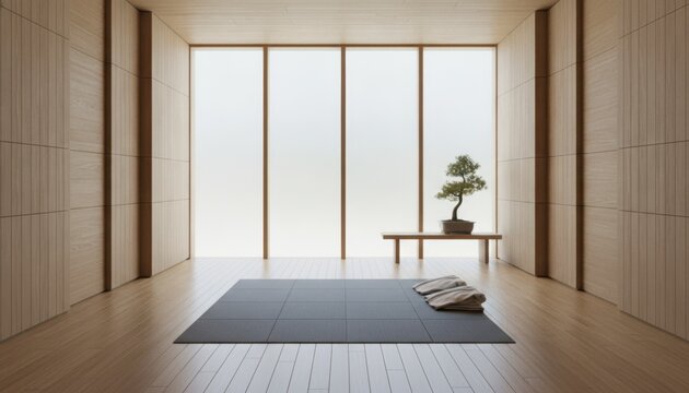 Minimalist Japanese-style room with a bonsai tree and tatami mat on a wooden floor