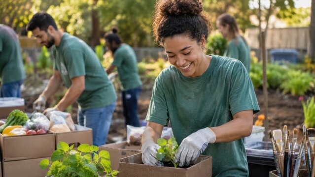 Smiling female volunteer planting sprouts in box with team working in community garden outdoors. Concept of diverse, packing, fresh, produce.