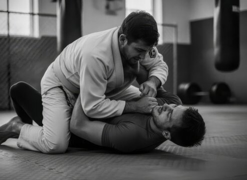 Two men practicing Brazilian Jiu-Jitsu in a gym, concept of strength and discipline