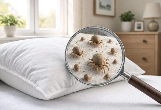 Magnifying glass reveals dust mites crawling on a white pillow in a clean bedroom, illustrating microscopic organisms, hygiene, allergens, and household cleanliness.