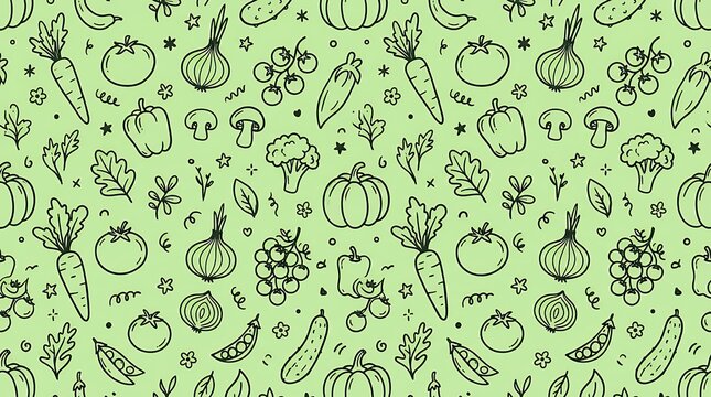 Fun hand drawn vegetable doodles line art seamless pattern on light green background for organic healthy food packaging seamless pattern vegetables hand drawn outlines healthy food background playful