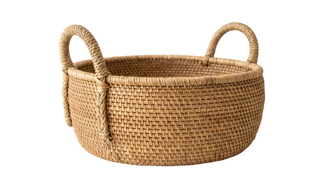 Woven rattan storage basket with handles, rustic wicker decorative bowl, handmade straw container for home organization