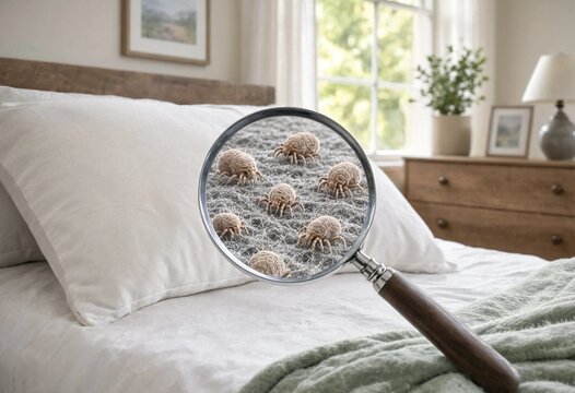 Magnifying glass reveals dust mites crawling on a white pillow in a clean bedroom, illustrating microscopic organisms, hygiene, allergens, and household cleanliness.