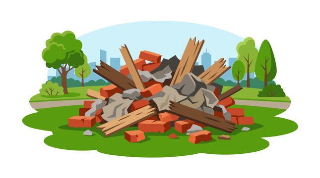 Pile of broken bricks, wooden planks and crumpled debris dumped on green grass in a city park, flat color vector illustration, urban dumping