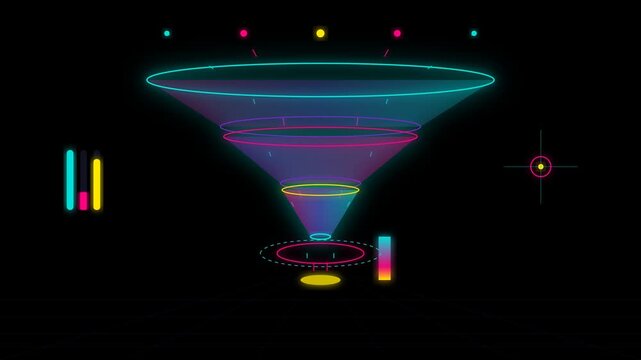 Colorful digital marketing funnel concept with vibrant neon graphics and visual data elements for advertising strategies in 4K resolution