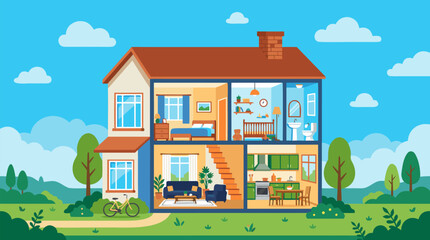 Fototapeta premium Vector Illustration of a Two-Story House Cross-Section Showing Interior Rooms Including Bedroom, Nursery, Bathroom, Living Room, and Kitchen with a Sunny Blue Sky and Lush Garden Background.