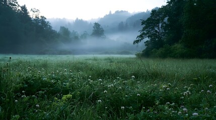 Obraz premium A misty morning in a lush green meadow with clover and tall grass surrounded by dense forested hills