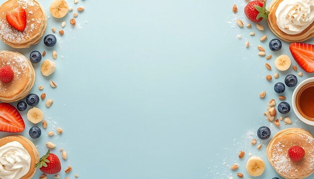 Pancake breakfast border blue background great for morning diner recipes.
