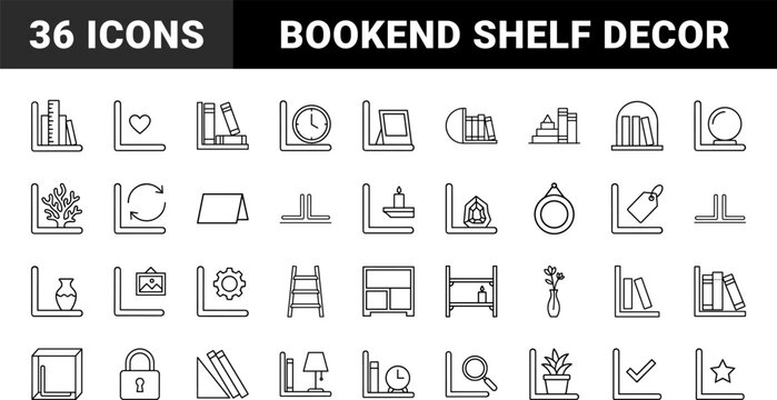 Bookend Bookshelf Styling Web Icon Set in Linear Style. Collection of Shelf Decor line icons, including shelf styling, bookcase organization, interior decor, bookends, room staging, home accessories.