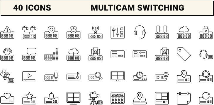 Video Switcher Multicam Web Icon Set in Linear Style. Collection of Broadcast Console line icons, including streaming, multiview, switching, production, broadcast, cabling.