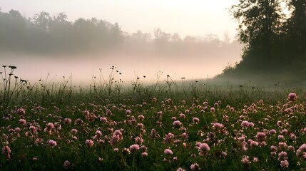 Naklejka premium A misty morning over a field of pink clover flowers with trees in the distance under soft golden light