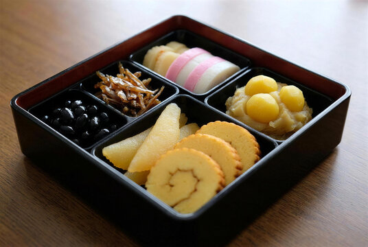 First tier of a lacquer new year box with celebratory small dishes