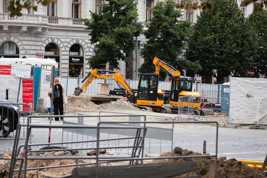 Prague, Czechia &ndash; August 21 2026: JCB excavators working at a construction site in central Prague