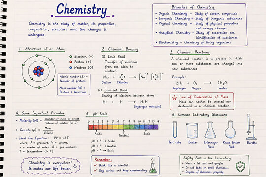 Handwritten Chemistry Study Notes with Chemical Bonding pH Scale and Laboratory Glassware