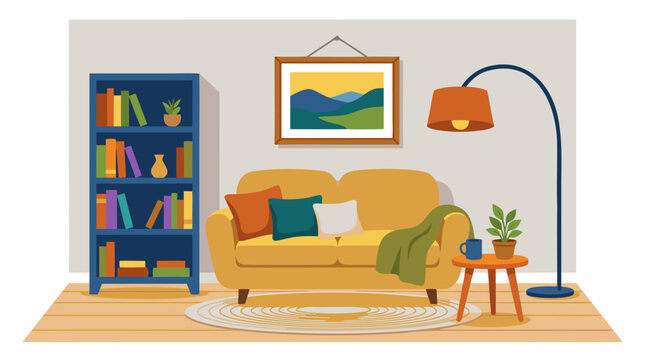 Modern living room interior vector illustration featuring a yellow couch with pillows, a blue bookshelf, a floor lamp, and framed wall art. Cozy home decor with flat colors and clean lines.