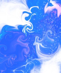 Naklejka premium Vibrant abstract illustration featuring flowing organic shapes, dynamic curves, and a harmonious blend of vivid blue, cyan, pink, and white tones. The fluid composition create