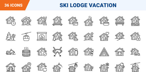 Naklejka premium Ski Lodge Winter Resort Stay Web Icon Set in Linear Style. Collection of Alpine Chalet line icons, including accommodation, skiing, snowboarding, transport, recreation, hospitality.