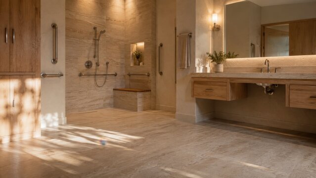 Accessible luxury bathroom interior with grab bars roll in shower and wheelchair accessible vanity. Concept of design, walk, handicap bathroom. Copy space.