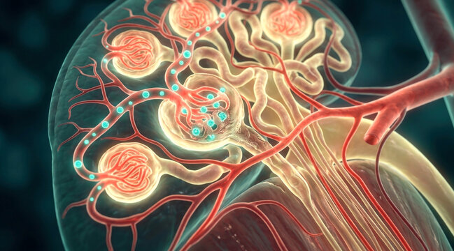 Kidney cutaway with glomeruli, nephron tubules, blood vessels, and therapeutic molecules binding damaged filtration tissue