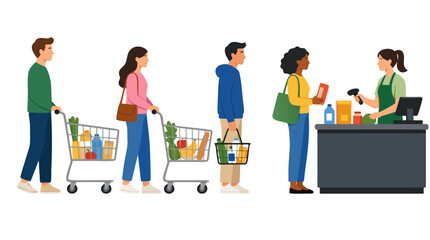 Fototapeta premium Diverse adult shoppers standing in orderly line at supermarket checkout counter with shopping carts filled with groceries while cashier scans products