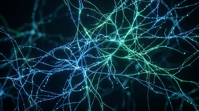 Neurons transmit glowing electric signals across a complex biological neural network.