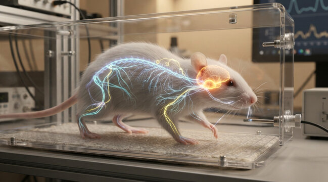 Albino lab rat in a behavioral chamber with visible sensory nerves, amygdala glow, and spinal reflex pathways for neuroscience research