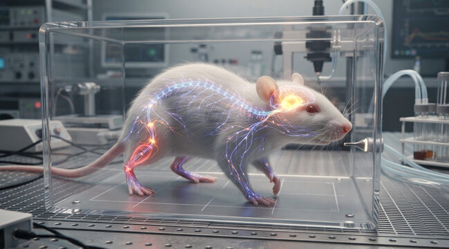 Albino lab rat in a behavioral chamber with visible sensory nerves, amygdala glow, and spinal reflex pathways for neuroscience research