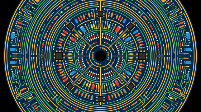 Seamless circular motherboard wheel with concentric circuit traces and soldered electronic components radiating outward on dark background, vibrant technology vector illustration