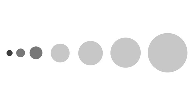 Minimalist vector illustration featuring a horizontal row of seven circles in varying shades of gray, increasing in size from left to right on a clean white background for modern graphic design.
