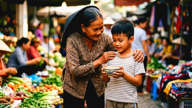 Elderly woman feeding a young boy at a bustling outdoor market