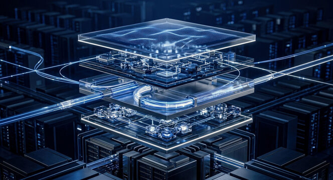 Layered enterprise AI architecture above a datacenter core, with secure cloud fabric, encrypted data pipelines, and observability modules.