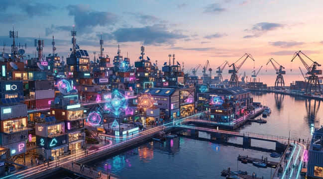 Bayfront innovation district with startup warehouses, rooftop antenna farms, holographic ai forms, neon circuit trails, cranes, and reflective water