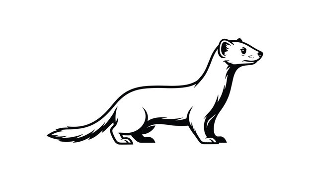Side view vector illustration of a wild ferret standing alert is captured in clean black and white line art.