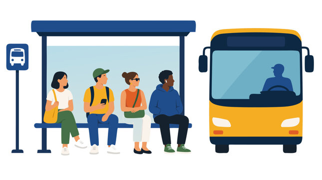 Flat vector illustration of four diverse commuters sitting on a bench under a blue bus stop shelter waiting for an arriving yellow bus. People using public transportation in an urban setting.