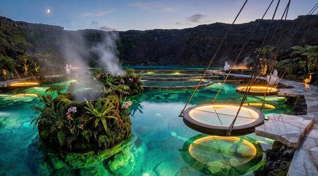 Luxury wellness resort in a volcanic caldera with reflective pools, crystal terraces, steam vents, and suspended meditation decks.