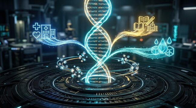 Bioluminescent DNA helix on a bioethics platform with community decision nodes and benefit streams to clinic, school, and clean water