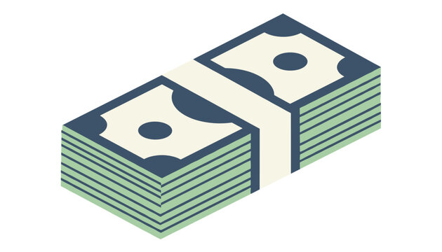 Isometric stack of green dollar bills secured with a paper band representing cash savings, business wealth, or banking.