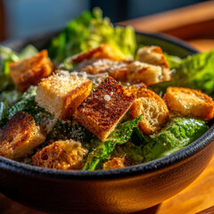 Fototapeta premium Fresh caesar salad bowl with crisp romaine lettuce and toasted golden croutons