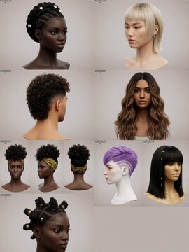 Diverse virtual hairstyle collection on mannequin heads: cornrows, afro, curls, bob, pixie, purple buzz cut, long waves, bangs, braided buns against neutral background