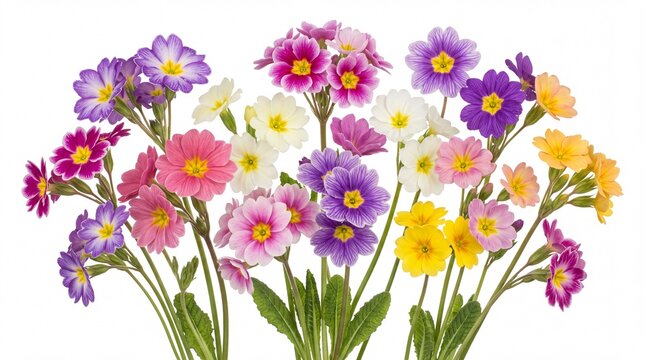 Vibrant multi colored primrose flowers arranged in a beautiful bouquet showcasing bright spring petals isolated on a clean on white background