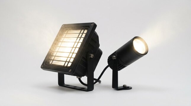 Two black LED outdoor floodlights and narrow spotlights turned on, emitting warm golden glow against a clean white studio background, modern lighting fixture product shot