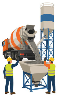 Two construction workers in hard hats and high-visibility vests directing a concrete mixer truck pouring fresh cement into an industrial hopper with a tall storage silo in the background