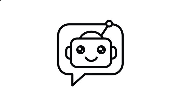 Linear outline icon of a cute smiling chatbot robot inside a speech bubble representing automated help and AI chat.