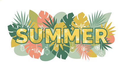 Naklejka premium Vibrant tropical illustration featuring the word summer decorated with colorful palm leaves, monstera foliage, and line art.