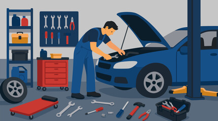 Naklejka premium Professional mechanic in blue overalls repairing a blue car with the hood open in a well-equipped auto repair shop garage surrounded by various tools, wrenches, and maintenance equipment.
