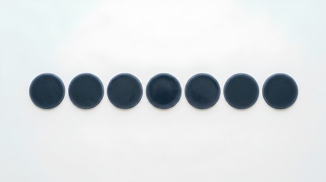 Seven round dark under-eye cosmetic patches arranged in a neat horizontal row viewed from directly above on smooth white surface, skincare beauty product flat lay