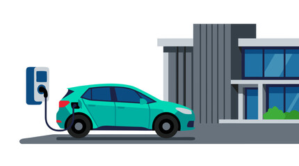 Fototapeta premium Teal Electric Vehicle Plugged into a Wallbox Charging Station Beside a Modern Minimalist Building. Flat Vector Illustration of Eco-Friendly Transport, Sustainable Energy, and EV Infrastructure.