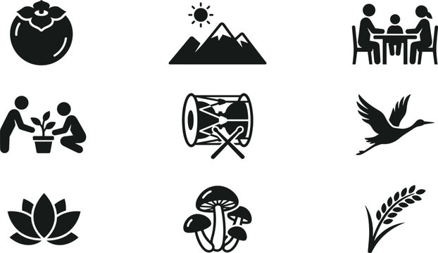 Collection of nature and lifestyle icons including plants, mountains, family, musical instruments, and food, vector silhouettes