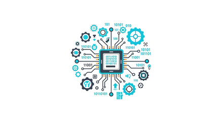 Fototapeta premium Artificial Intelligence CPU Microchip Concept with Circuit Board Lines, Gears, and Binary Code for Industry 4.0 and Digital Transformation Technology Illustration