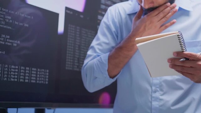 Software Developer reading note report and verifying coding on screen computer technology at office. Programmer working writing code analysis system artificial intelligence. Software engineer present